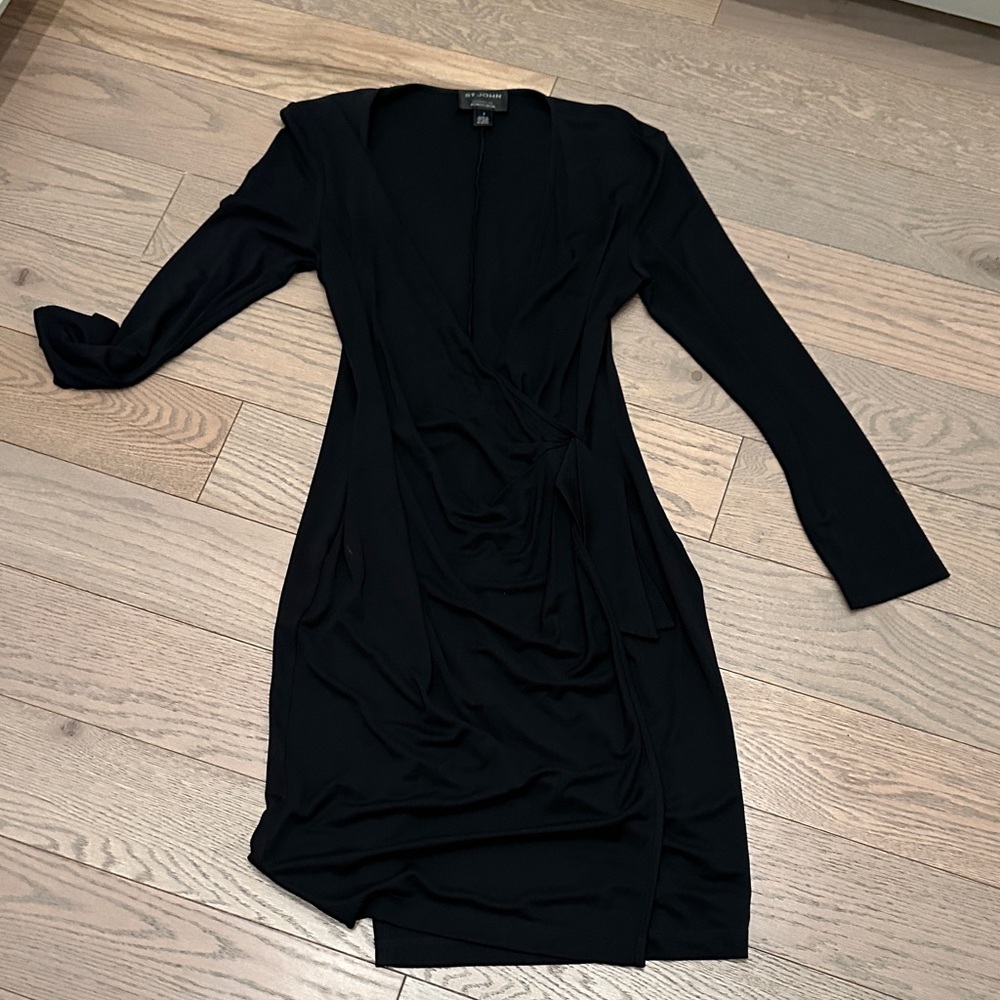 St. John Faux Wrap Black Long Sleeve Dress